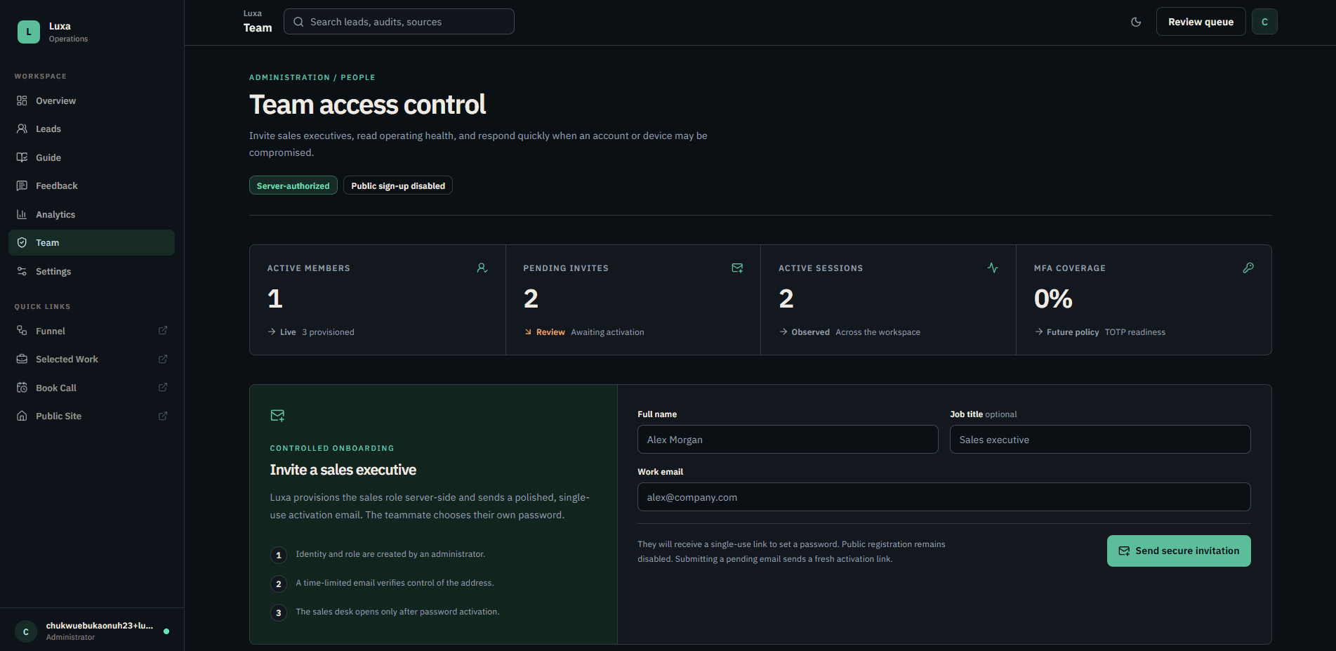Luxa team access administration with secure sales executive invitation controls
