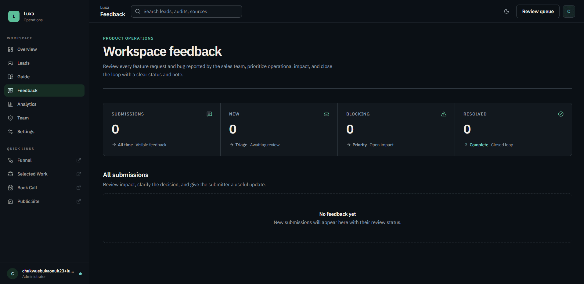 Luxa product feedback queue for feature requests and bug reports from the sales team