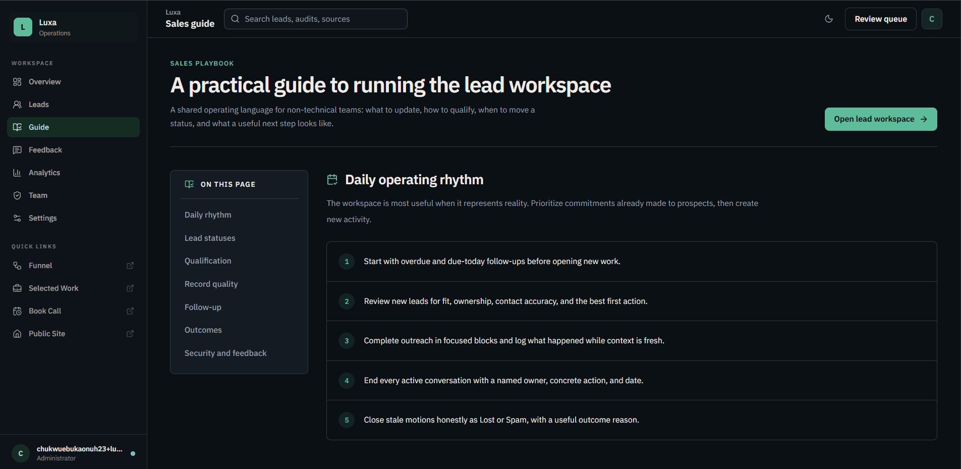 Luxa sales guide showing the daily operating rhythm for lead follow-up