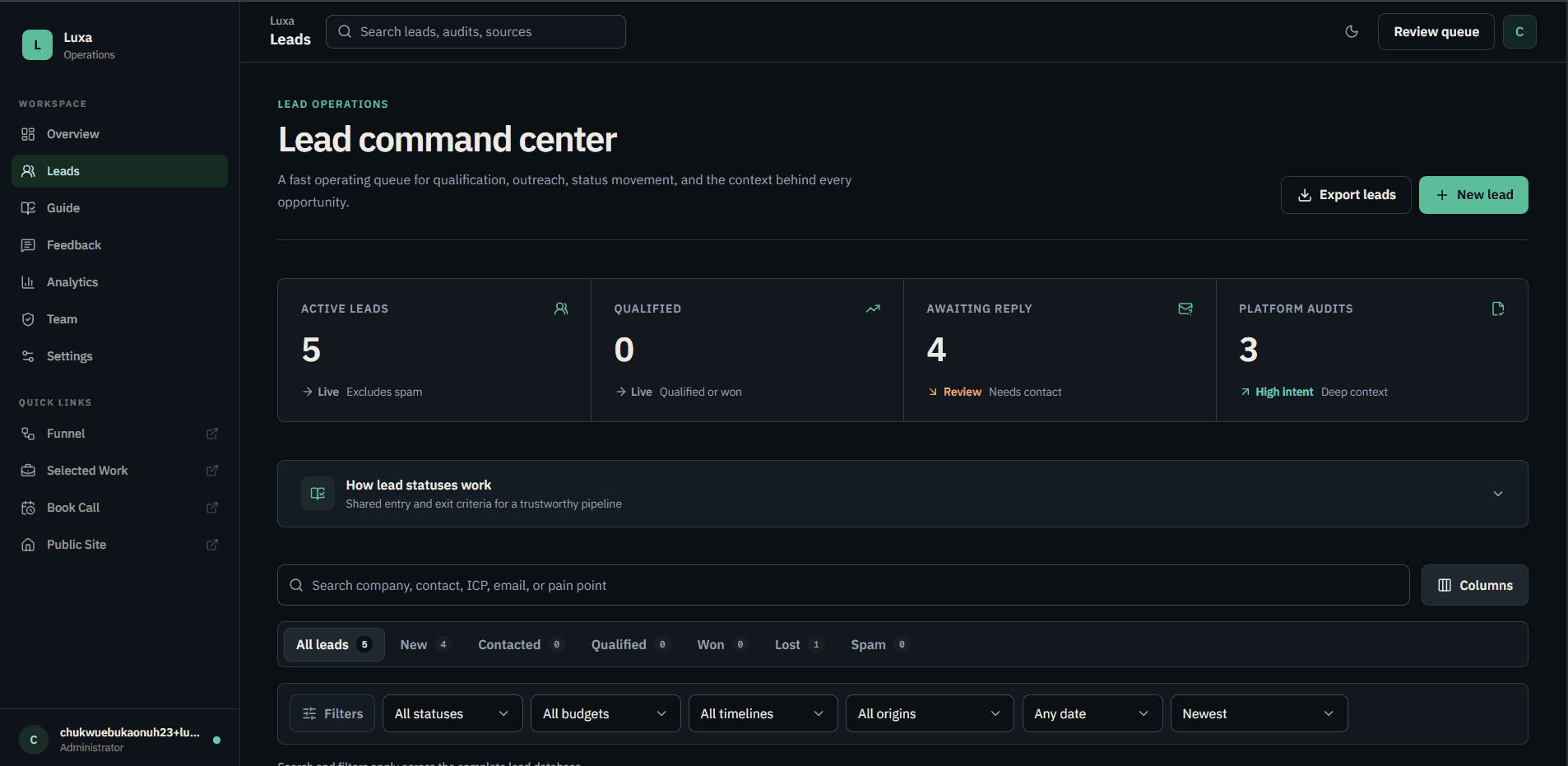 Luxa lead command center with pipeline statuses, search, filtering, and lead actions