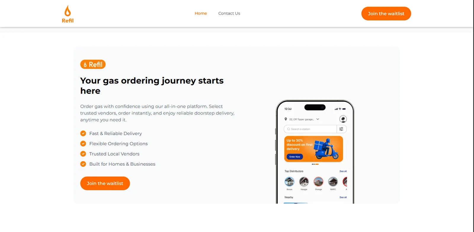 Refil launch page showing the customer gas ordering app preview