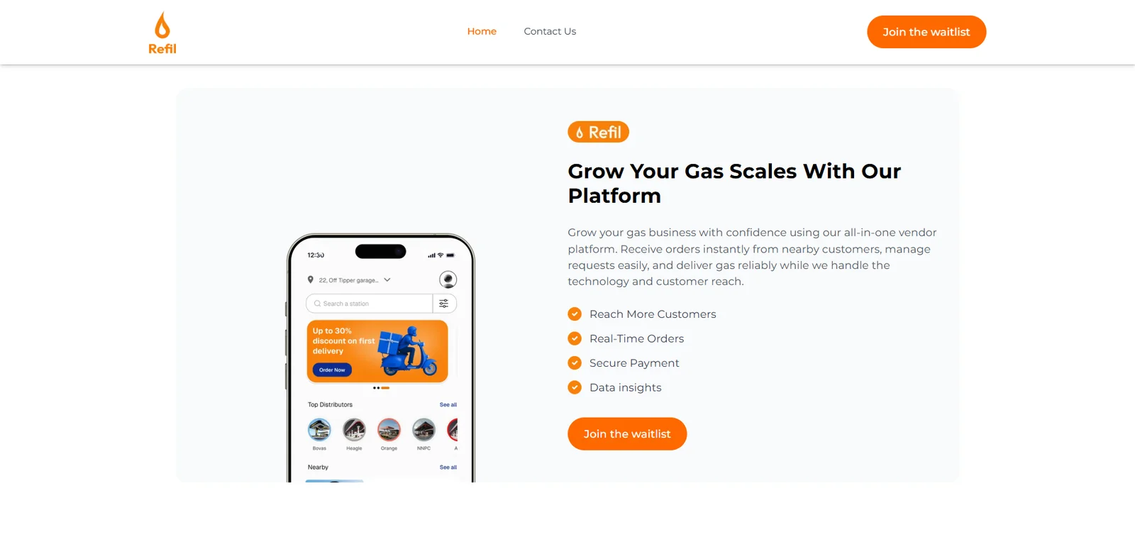 Refil launch page introducing its gas vendor app and order management direction