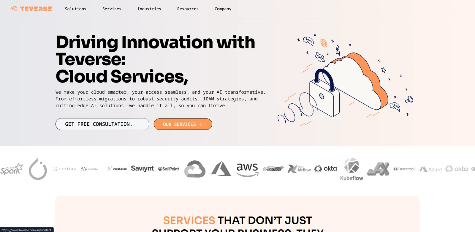 Teverse cloud services consultancy website with service navigation and consultation entry point