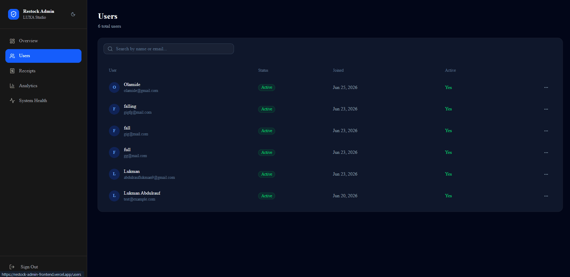 Restock admin user directory with search and account statuses
