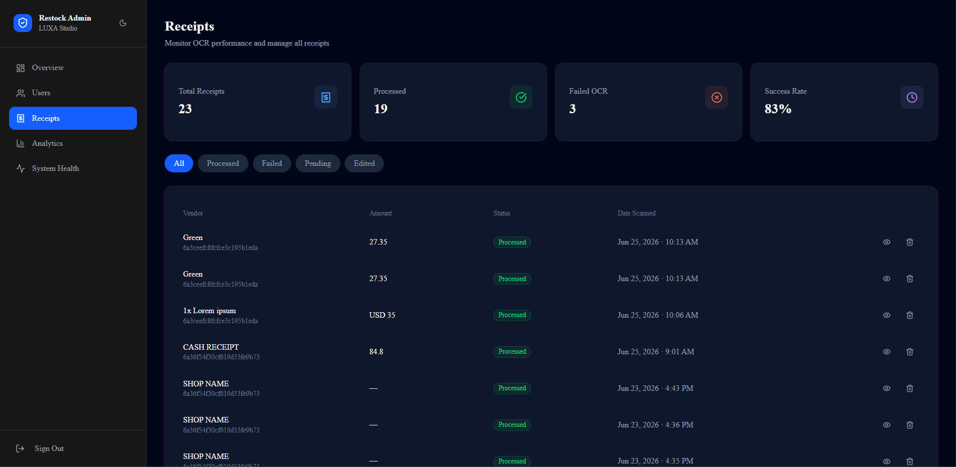 Restock admin receipt operations table with OCR processing filters